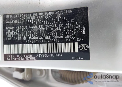 2012 Toyota Camry Xle from USA, damaged, VIN 4T4BF1FK4CR209536